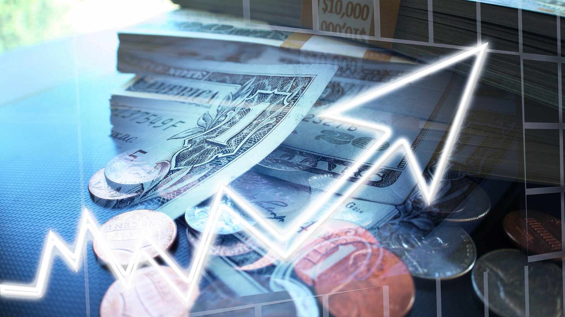 A graphic depicting the history of capital gains tax rates with dollar bills, coins, and an up arrow.