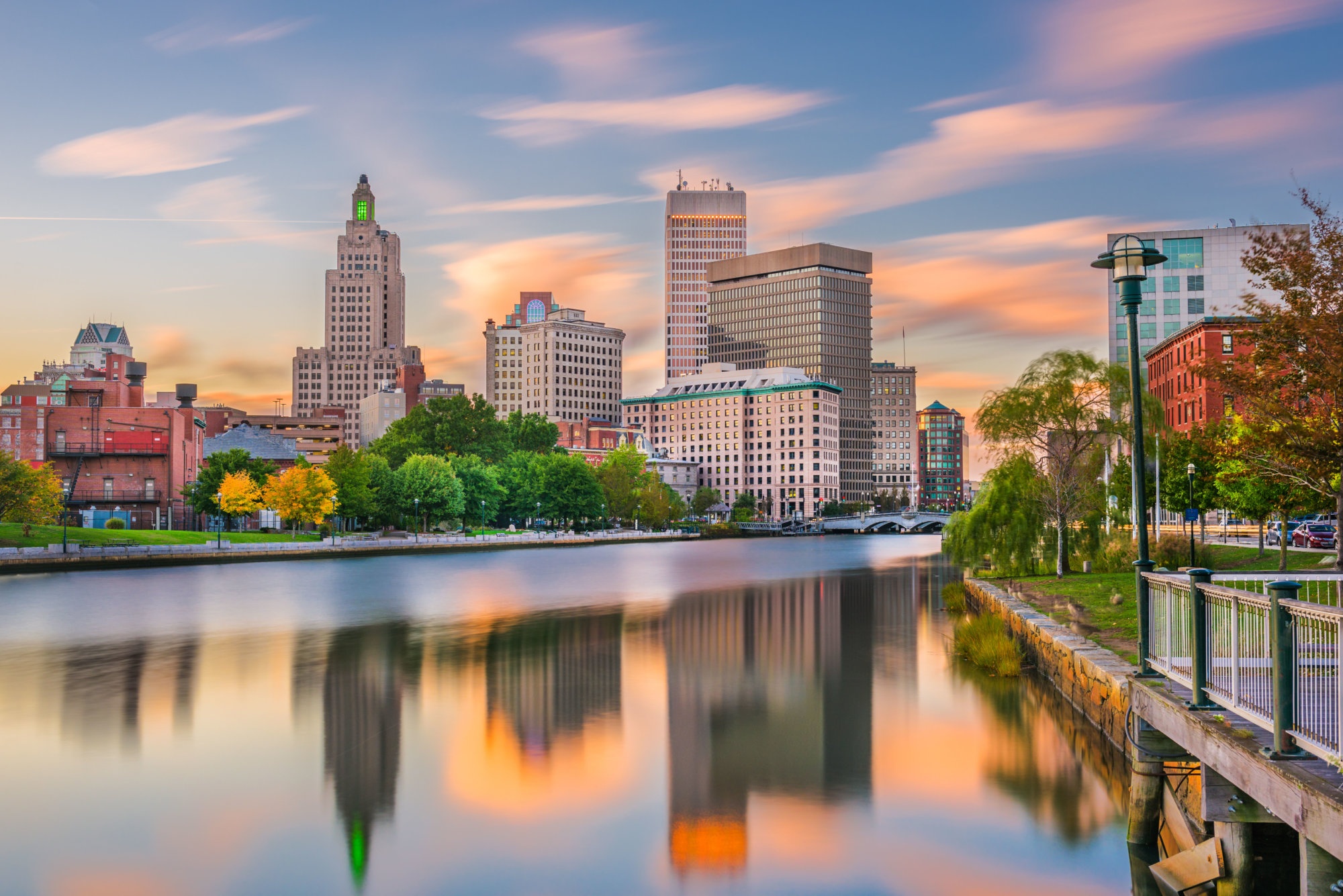 rhode island skyline from far away at dusk